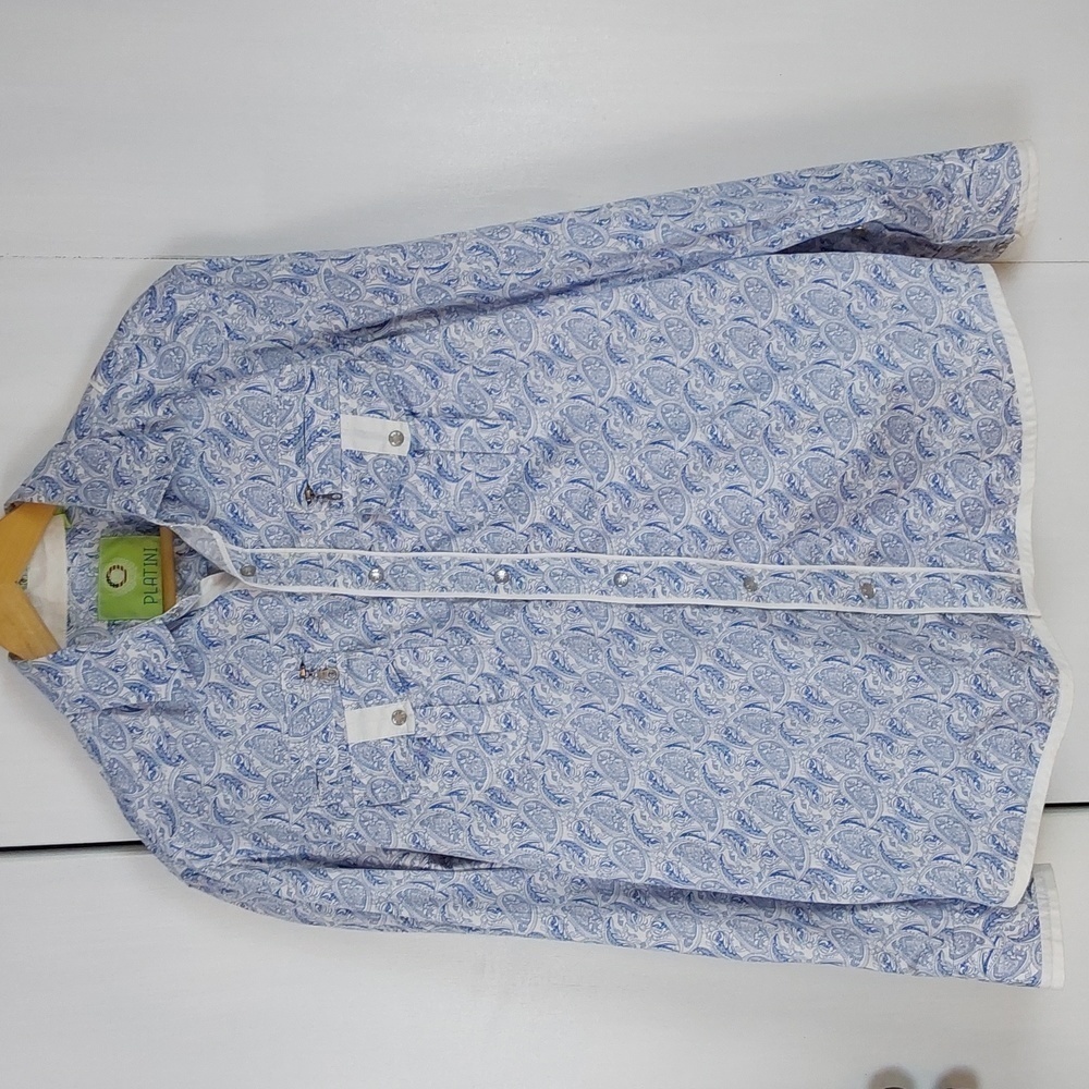 Platini- Mens Roper Western Shirt Blue & White Paisley Snap Button Down Sz.XL